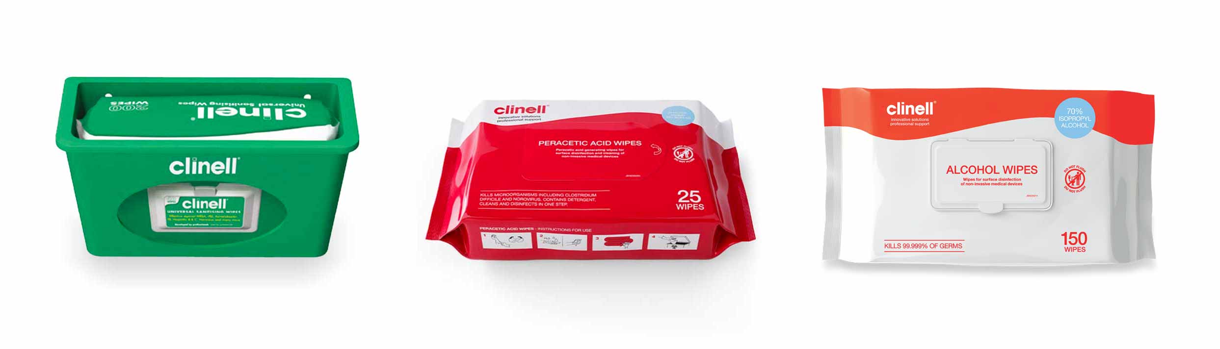 Clinell Universal Wipes, Clinell Peracetic Acid Wipes en Clinell Alcohol Wipes